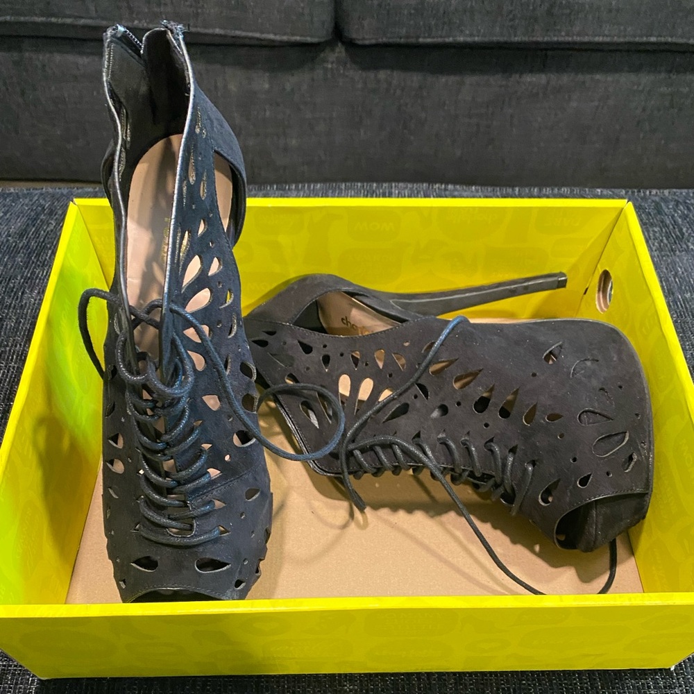 Black suede platform lace up bootie heel